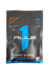 Rule One Whey Blend sample in Chocolate Fudge with 24g protein and 5g BCAAs for muscle building.